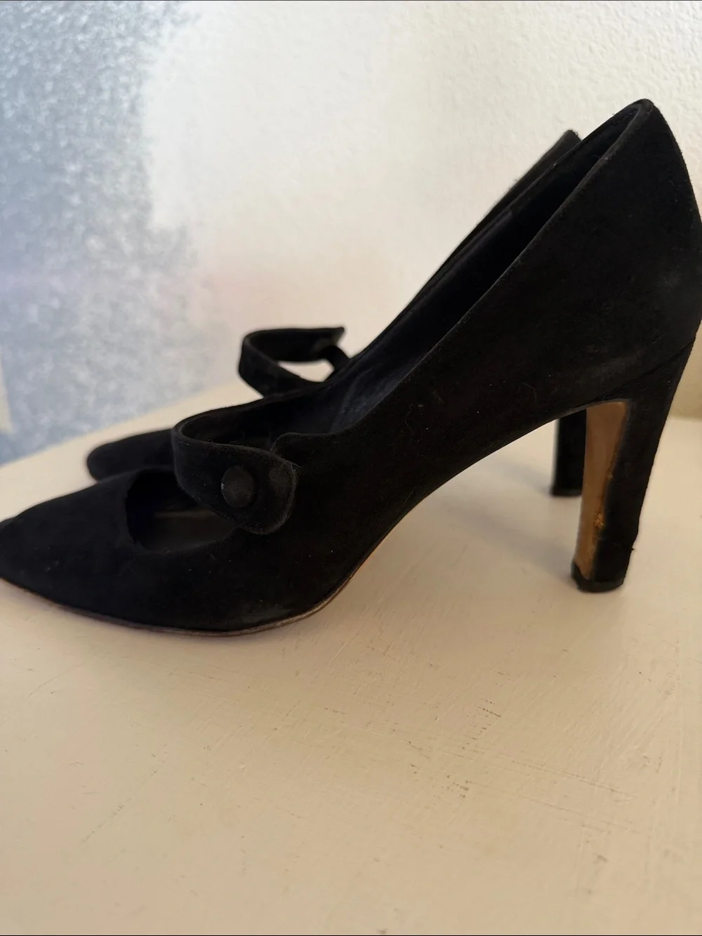 Manolo Blahnik Black Suede Mary Jane Pumps with Button Strap - Picture 5 of 12